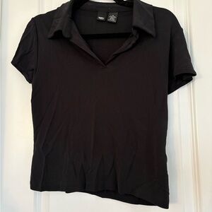Mossimo Women Medium Black Collared Short Sleeve Knit Blouse Rayon Polyester